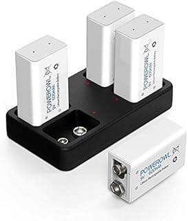POWEROWL 9V Rechargeable Batteries with Charger (USB High-Speed Charging), 4 Pack of 600mAh Lithium-ion Battery for Smoke Dectector and More