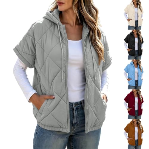 Gryvoilet Womens Quilted Vest Drawstring Hood Short Sleeve Zip‑Up Lightweight Puffer Gilet Casual Layering Outerwear for Ladies Gray M - image 1