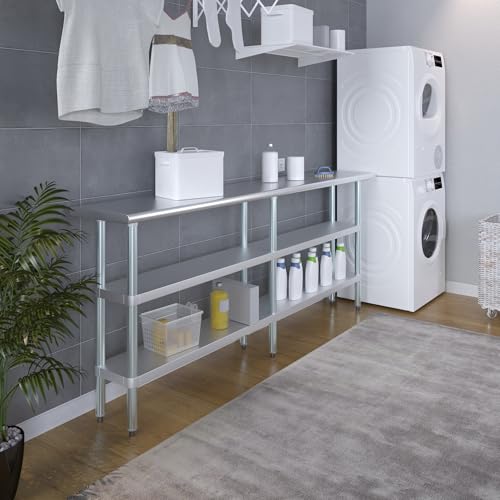 Image of AmGood Stainless Steel Work Table with 2 Shelves | NSF | Metal Utility Table (84 inch Long x 14 inch Deep)