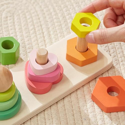 Image of SHINETOY Wooden Four-Pillar Stacking Block Toy | 16 Colorful Shape & Color Sorting Blocks | Montessori Educational Toy for Toddlers to Build Fine Motor Skills & Hand-Eye Coordination