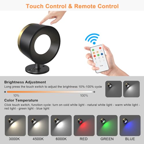 Image of LED Wall Sconces Set of Two, Rechargeable Battery Operated Wall Lights with Remote, Wall Lamp Wireless 3 Color Temperatures + 13 RGB & Dimmable Magnetic 360 Rotation (1 pc Black)