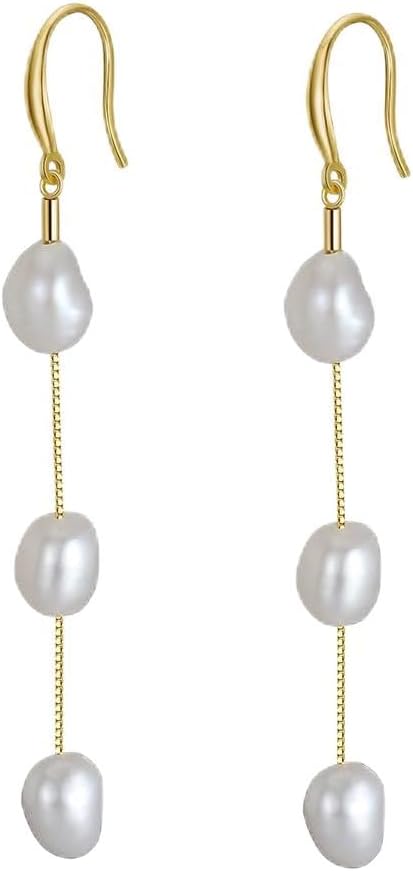 925 Sterling Silver Pearl Drop Earrings, 7mm Natural Freshwater Pearls, Gold-Plated Chain, Dangle Style