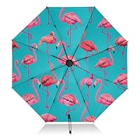 Pink Flamingos Teal Blue Compact Umbrella for Travel Collapsible Black Uv Sun Umbrellas for Walking Golf Umbrella Automatic for Adults Men Women