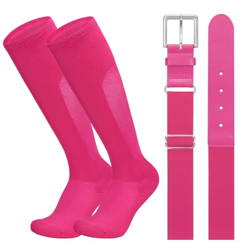 LEACOOLKEY Baseball Belt and Socks Combo Set Breathable Softball Socks and Elastic Belt for Adult Men Women Pink