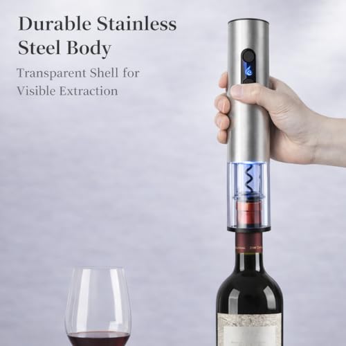 VinoLux Series Battery Electric Wine Opener – Electric Corkscrew, Foil Cutter, LED Lights, Transparent Window & Brushed Stainless Steel Shell, 4 AA Batteries Required – Silver - Image 4