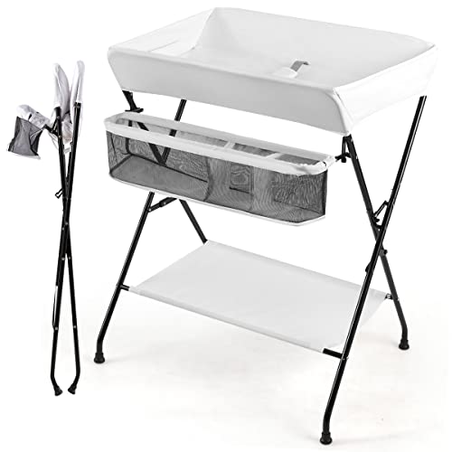 Costway Table à Langer Pliante pour Bébé, Table à Langer Multifonctions 3 en 1 avec Ceinture de Sécurité, Règle du Plateau, Panier de Rangement, 76 x 66 x 101,5 CM, Supporté 11 KG (Blanc)