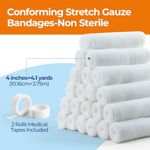 Image of Gauze Rolls Bandages, Conforming Stretch Gauze Bandage 4 Inch, 24 Rolls Individually Wrapped 4 inch x 4.1yds Includes Medical Tape