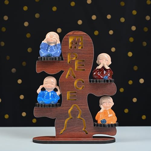 Image of ZAICUS Buddha Monk Showpiece for Home Office Decor Gift Item - 4 Baby Monk Figurines on Wooden Stand - Spiritual Statue for Decoration and Tabletop Display