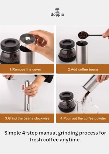 Image of Doppio Manual Coffee Grinder - Stainless Steel Hand Burr Mill with Adjustable Grind Settings & Glass Container | Portable Hand Crank Grinder for Fresh Coffee Beans at Home, Office & Travel