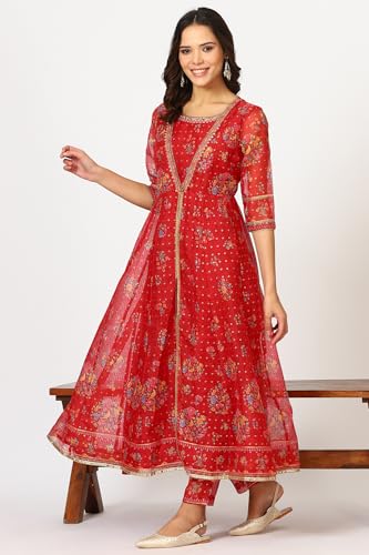Image of W for Woman Women's Polyester Crimson Red Embroidered Flared Kota, Straight Kurta and Pant with Dupatta Set