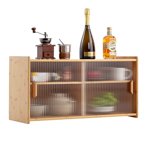 Furlide Wall Mounted Bamboo Countertop Storage Cabinet with Glass Door, Hanging Kitchen Cupboard with Adjustable Shelves, Small Pantry Sideboard for Dining Room, Bathroom, Wood