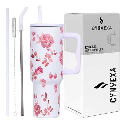 Image of Tumbler with lid and Straw 1200ML Cup Stainless Steel Vacuum Insulated Tumbler for Water, Iced Tea or Coffee 1.2L Office Gym Travelling (White Rose)