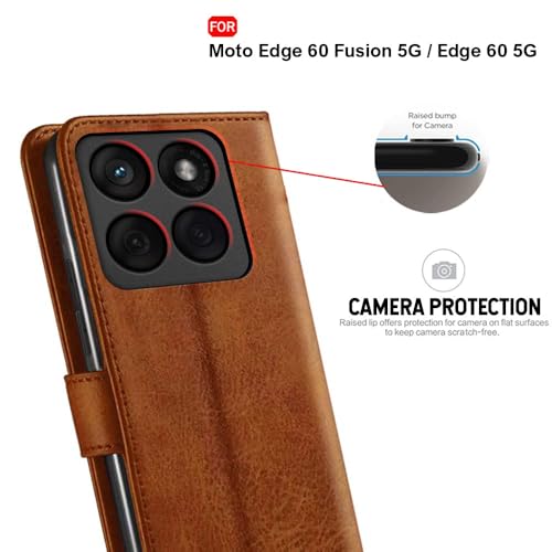 Image of TheGiftKart Flip Cover Back Case for Motorola Moto Edge 60 Fusion 5G / Moto Edge 60 5G | Genuine Leather Finish | Designer Button | Inbuilt Pockets & Stand | Flip Back Cover Case (Faux Leather, Brown)