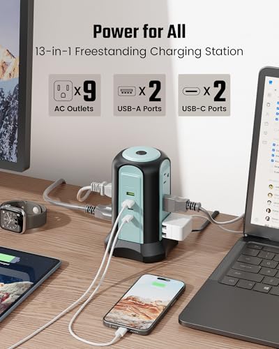 Power Strip Tower Surge Protector, SUPERDANNY Desktop Charging Station, 10 Ft Extension Cord, 9 Outlets, 4 USB Ports, 1080 Joules, 3-Prong, Grounded, Multiple Protections for Home, Office, Blue