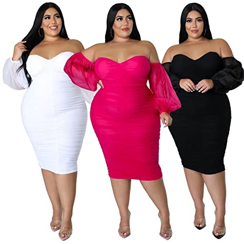 Women's Plus Size Off The Shoulder Mesh Long Sleeve Bodycon Ruched Midi Party Cocktail Dress4