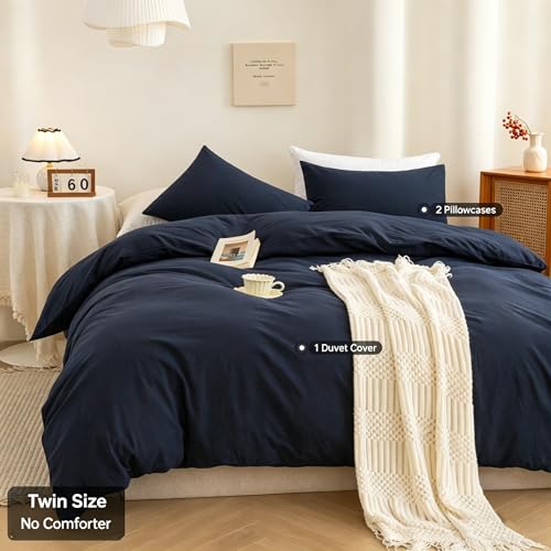Image of ECOCOTT Navy Blue Duvet Cover Twin Size - 100% Washed Cotton Durable Soft Comfy Duvet Cover Set, 3 Pieces Duvet Cover with Zipper Closure (Navy Blue, 68''x90'')