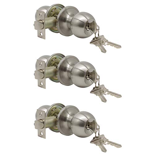 Probrico?3 Pack?Entry Door Knob Keyed Alike,Satin Nickel Finish Door Lock Handle,Entry Door Lock/Ball Door knobs with Lock and Same Key,Entrance Knob[Lock with 3 Combo Keys]for Office or Front Door