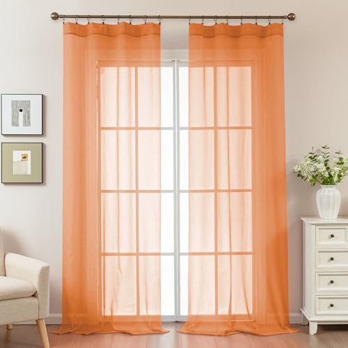 Image of Orange Sheer Curtains 108 Inches Extra Long, Privacy Semi Sheer Curtains for Living Room Bedroom, Light Filtering Rod Pocket Voile Window Drapes 2 Panels Set, Each 42 inch W x 108 inch L