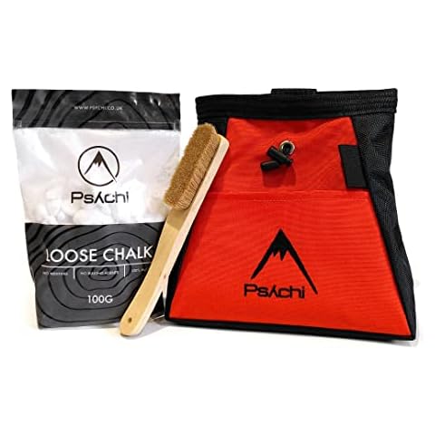 Psychi Chalk Bouldering Bucket Stand Bag Starter Pack for Rock Climbing with Loose Chalk and Boar Hair Brush (Orange) Cover