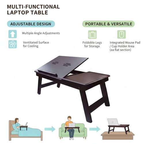Image of Folding Laptop Table for Bed & Sofa | Ergonomic Laptop Desk with Tilting Top & Storage Drawer | Portable Work from Home Study Table for Adults (Brown, 24 By 16 Inches)