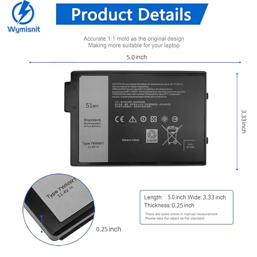 Image of 51Wh 7WNW1 Laptop Battery Replacement for Dell Latitude 7424 5424 5420 Rugged Extreme Series Notebook 0DMF8C DMF8C 07WNW1 GK3D3 0GK3D3 11.4V 4342mAh 3-Cell
