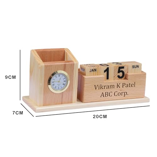 Image of Deskart Customized Multipurpose Pen Holder Stand | Premium Wooden Desk Organizer with Clock, Flip Calendar, Business Visiting Card and Mobile Holder