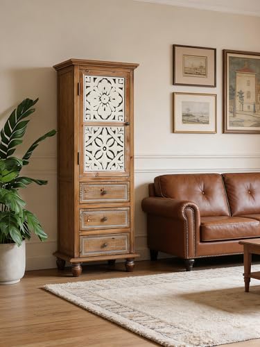 Image of Tall Storage Cabinet with Carved Drawers, Vintage Wood Accent Cabinet, Decorative Narrow Storage Cabinet for Living Room, Entryway, Kitchen, and Hallway with 3 Drawers and 1 Door
