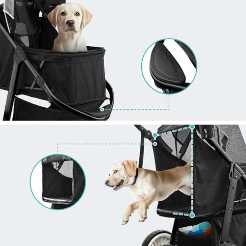 DAISTERN Hundebuggy bis 30 kg, Klappbarer Aluminium-Hundewagen, Gepolsterte Liegefläche, Schwenkbares Vorderrad, Große Hinterrad, Hinterradbremsen, Verstellbarer Griff, Sicherheitsleine, Grau
