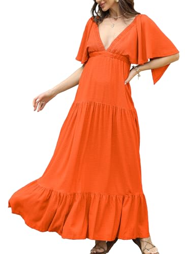 Image of Kikibell Women Summer Dresses Sexy V-Neck Maxi Dress Tiered Silhouette with Flutter Sleeve Backless Elastic Waist Flowy Dress