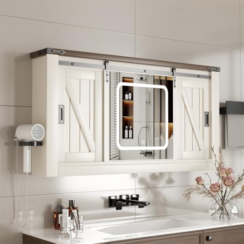 Ztexkee Spiegelschrank Bad mit Beleuchtung Hängend Scheunenschiebetür Badezimmer spiegelschrank mit Haartrocknerhalter und 5 Einstellbar Einlegeböden für Badezimmer,120x19x60 cm Off-White Ztexkee Spiegelschrank Bad mit Beleuchtung Hängend Scheunenschiebetür Badezimmer spiegelschrank mit Haartrocknerhalter und 5 Einstellbar Einlegeböden für Badezimmer,120x19x60 cm Off-White