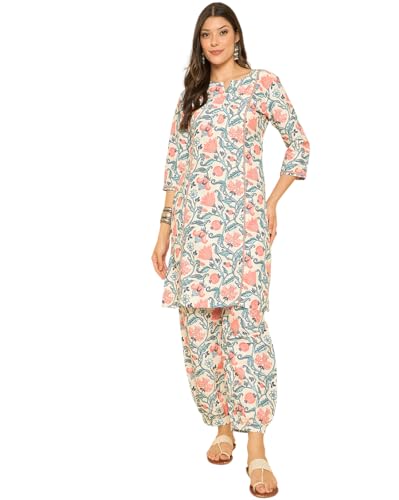 Image of SheWill Women Cotton Blend Floral Printed Straight Kurta with Mandarin Collar, Button Detailing, and 3 /4th Sleeves Paired with Matching Printed Pants