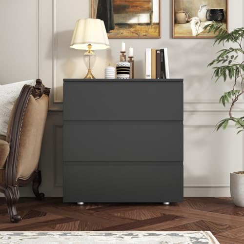 Image of Tall Nightstand with 3 Drawers, Modern Handleless Bedside Table for High Beds, Large Storage End Table, Wood Side Cabinet for Bedroom Black 30.3 inch W x 15.7 inch D x 32.3 inch H