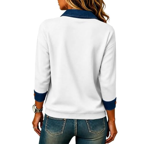 Womens Sweatshirt Denim Collar Loose Fit Patchwork Y2K Henley Sweatshirts | Cozy, Soft, Long Sleeve, Drop Shoulder, Cold Weather, Everyday, Casual, Weekend, Daily Wear, Party, Young Women - image 5