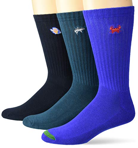 Amazon Brand - Goodthreads Men's 3-Pack Ribbed Crew Sock, Embroidered Ocean, One Size