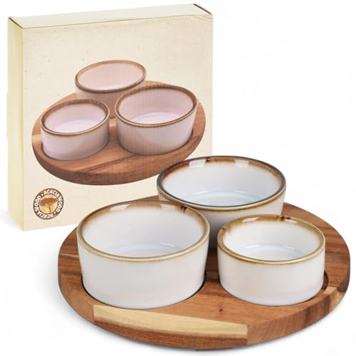 MIJOMA Juego de 4 piezas – 3 cuencos de cerámica blanca con esmalte reactivo sobre bandeja redonda de madera – Juego de salsas y aperitivos de gres moderno – Accesorio de cocina elegante