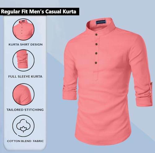 Image of Zombom Men's Cotton Blend Solid Casual Regular Fit Mandarin /Chinese Collor Short Full Sleeve Kurta for Men
