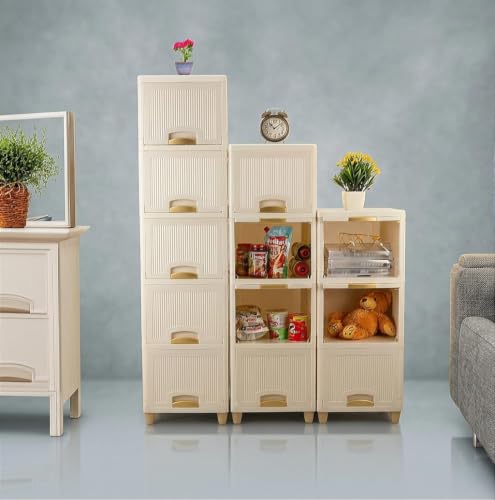 Image of Multipurpose Foldable Drawer Cabinet Organizer - Plastic Storage Cupboard with Double Door & Wheels | Clothes Rack, Kids Wardrobe for Home, Kitchen, Office (Ivory Drawer) 3 Layer