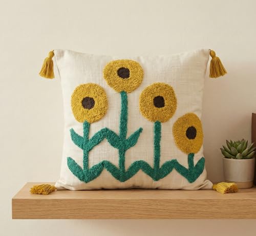 Image of Furnistitchs Handmade Cotton Bohemian Home Decor Cushion Cover 24x24 inches / 60x60 cms - Boho Chic Couch Sofa Throw Living Room Bedroom Cushions (1, Cream Tree)