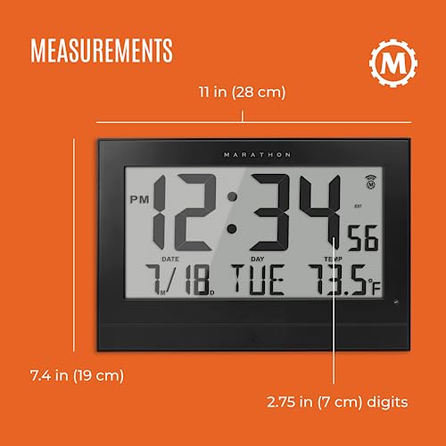 Marathon Atomic Wall Clock With Automatic Backlight, Black - Large 10-Inch Display - Am/Pm Or 24-Hour Time, 8 Time Zones, Indoor Temperature, Day & Date - 4 C Batteries Included #TOP4