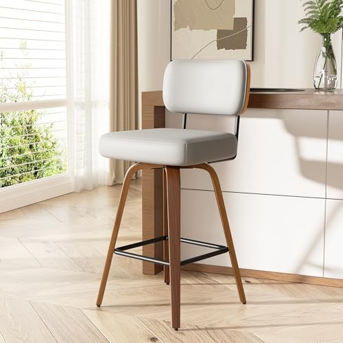 Image of Swivel Bar Stools Set of 1, 26 inch Upholstered Faux Leather Counter Height Barstools with Walnut Back & Bentwood Legs, Mid Century Modern Bar Chairs Island Stools for Kitchen Counter, Light Grey
