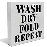 YIDOU Country Laundry Room Wood Box Sign Decor Desk Sign Wash Dry Fold Repeat Laundry Wooden Box Block Sign Rustic Home Shelf Wall Decoration