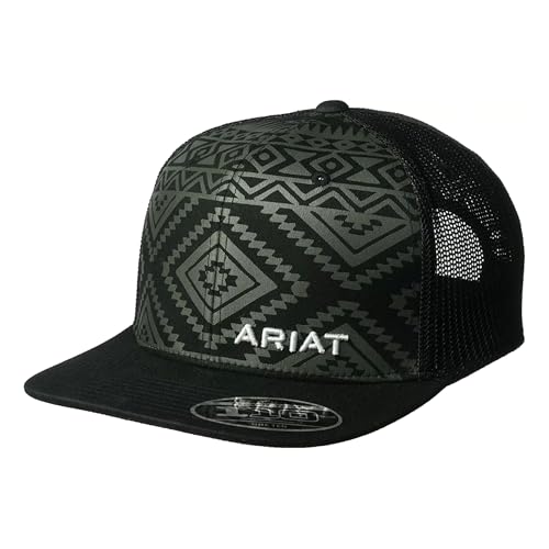 ARIAT Mens Aztec Print Flat Bill Cap with Mesh Snapback Black and Grey