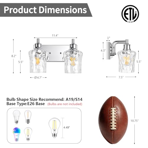 Image of Bathroom Light Fixtures Farmhouse Chrome Vanity Lights for Bathroom Lighting Fixtures Over Mirror with Hammered Glass Lampshade for Cabinet Mirror Bedroom Hallway 2 Light