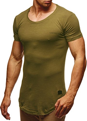 Leif Nelson LN6350N - Camiseta de verano para hombre, cuello redondo, corte fino, algodón, parte moderna, cuello tripulado, sudadera con capucha de manga corta, Khaki, S