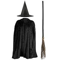 Childs Halloween Witch Costume - Black Velour Cape, Pointed Witch Hat and 3-Piece Broom - Kids Halloween World Book Day Fancy Dress Costume