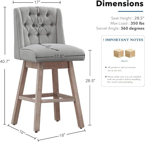 Image of Counter Height Bar Stools Set of 3, 360Swivel Bar Stools with Back and Wood Legs, 28.5 inch Morden Linen Fabric Upholstered Barstools for Kitchen Island Dining Room Bar
