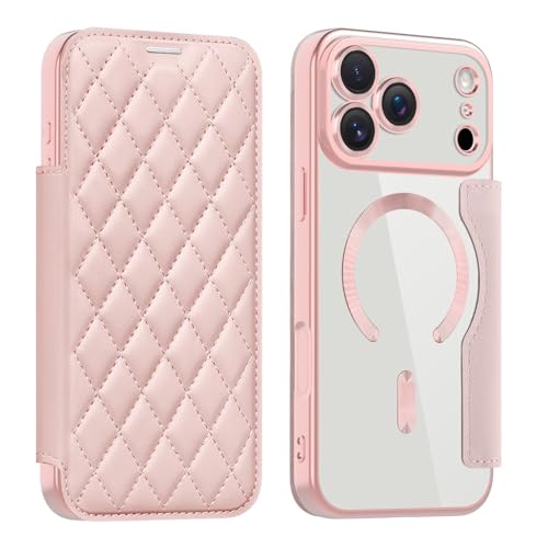 Étui en cuir iPhone 17 Air rose à clapet transparent et finitions avec aimant plaqué