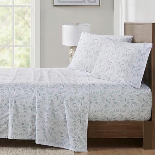 Image of Madison Park 100% Cotton Sheets, Full Size, 200TC, Green Leaves, 4 Piece | Breathable & Soft Sheet Set, Printed Design, All Season Comfort, Elastic Deep Pocket Fits Up to 14 inch Mattress, OEKO-TEX