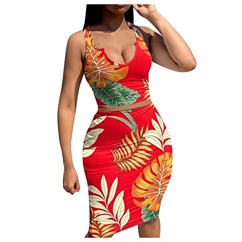 Genérico Faldas Encaje Conjunto de faldas sexy de 2 piezas a media pierna sin mangas con estampado sin mangas para mujer Overol Mujer (Red, L)