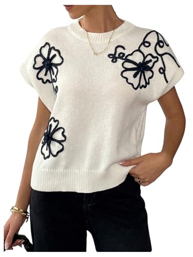 Milumia Women's Floral Pattern Short Sleeve Sweaters Crewneck Knitted Tops Loose Fit Pullovers